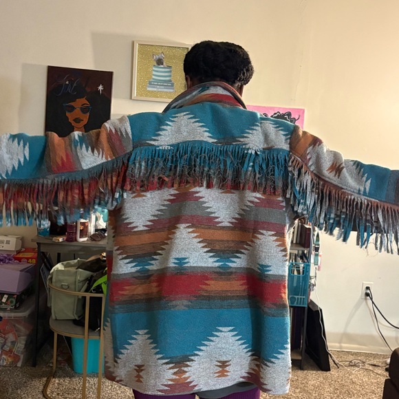 Southwestern Aztec Fringe Jacket | Oversized Tribal Print Shacket Coat - Picture 6 of 7